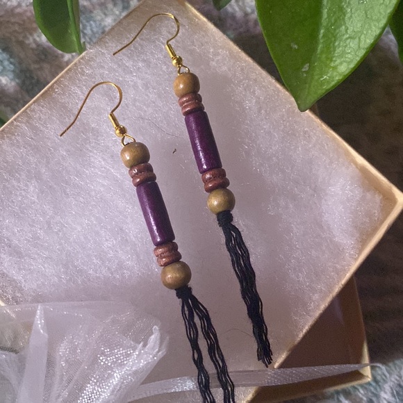 Purple theme Hand Crafted Macrame Tassel Fringe Earrings Wood Beaded Accents - Picture 3 of 11